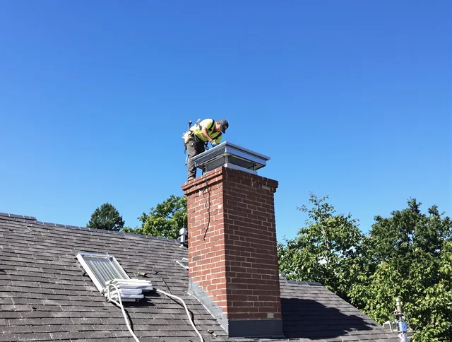Sudbury Chimney Sweep technician measuring a chimney cap in Sudbury, MA